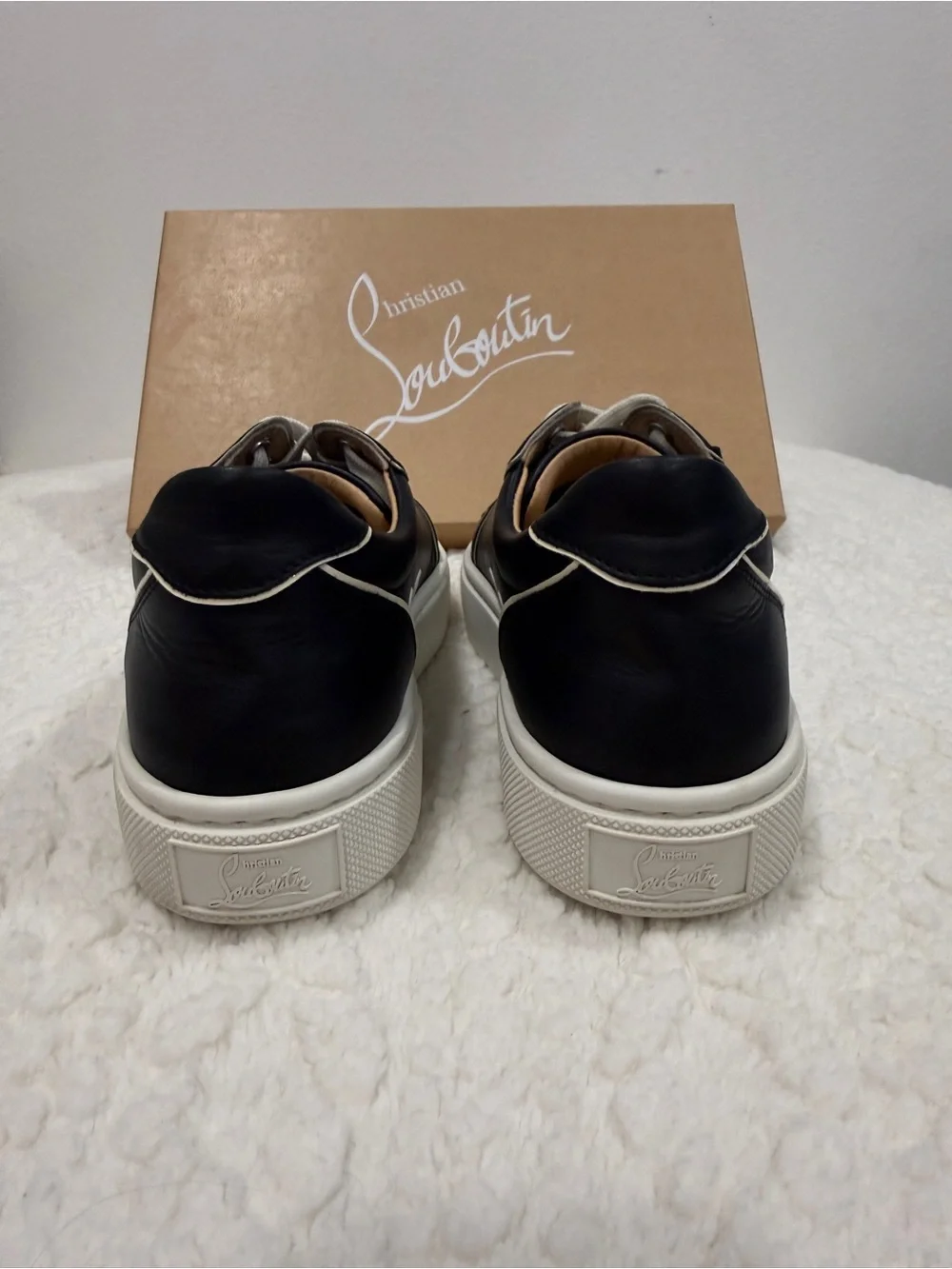 Women’s Christian Louboutin Black and White Low-Top Sneakers with Red Sole